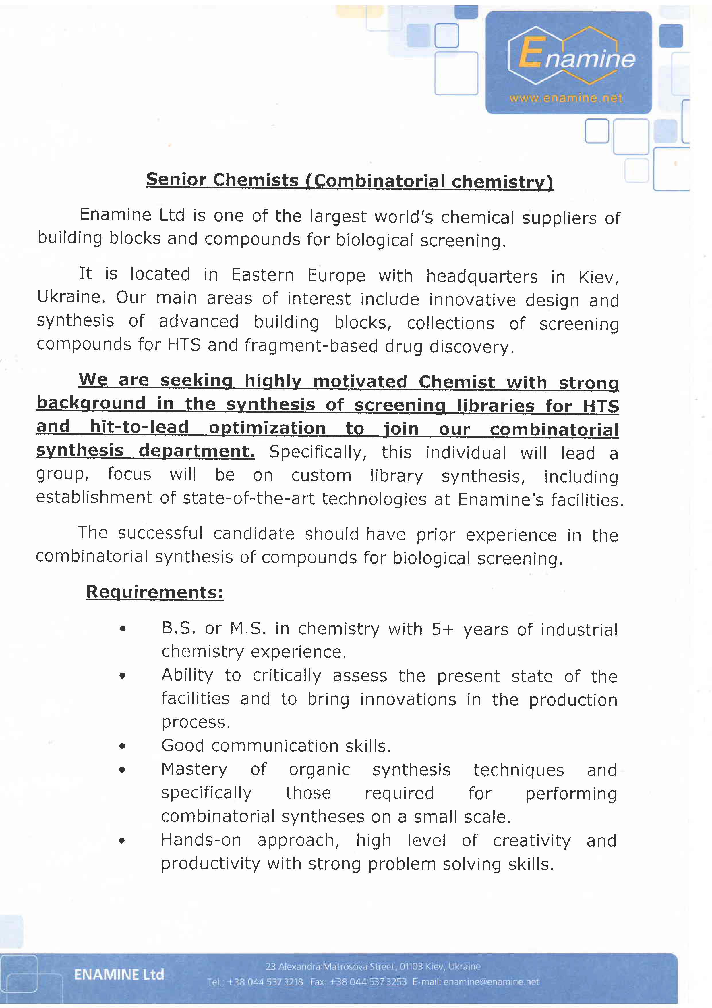 乌克兰化工公司Enamine Ltd 