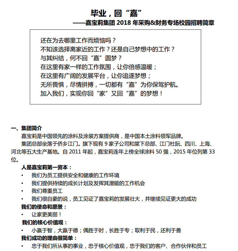 嘉宝莉化工集团2018年校园招聘